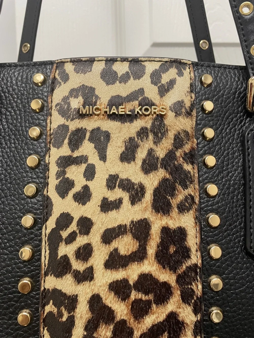 Michael Kors Black & Leopard-Print Studded Tote - Picture 2 of 13